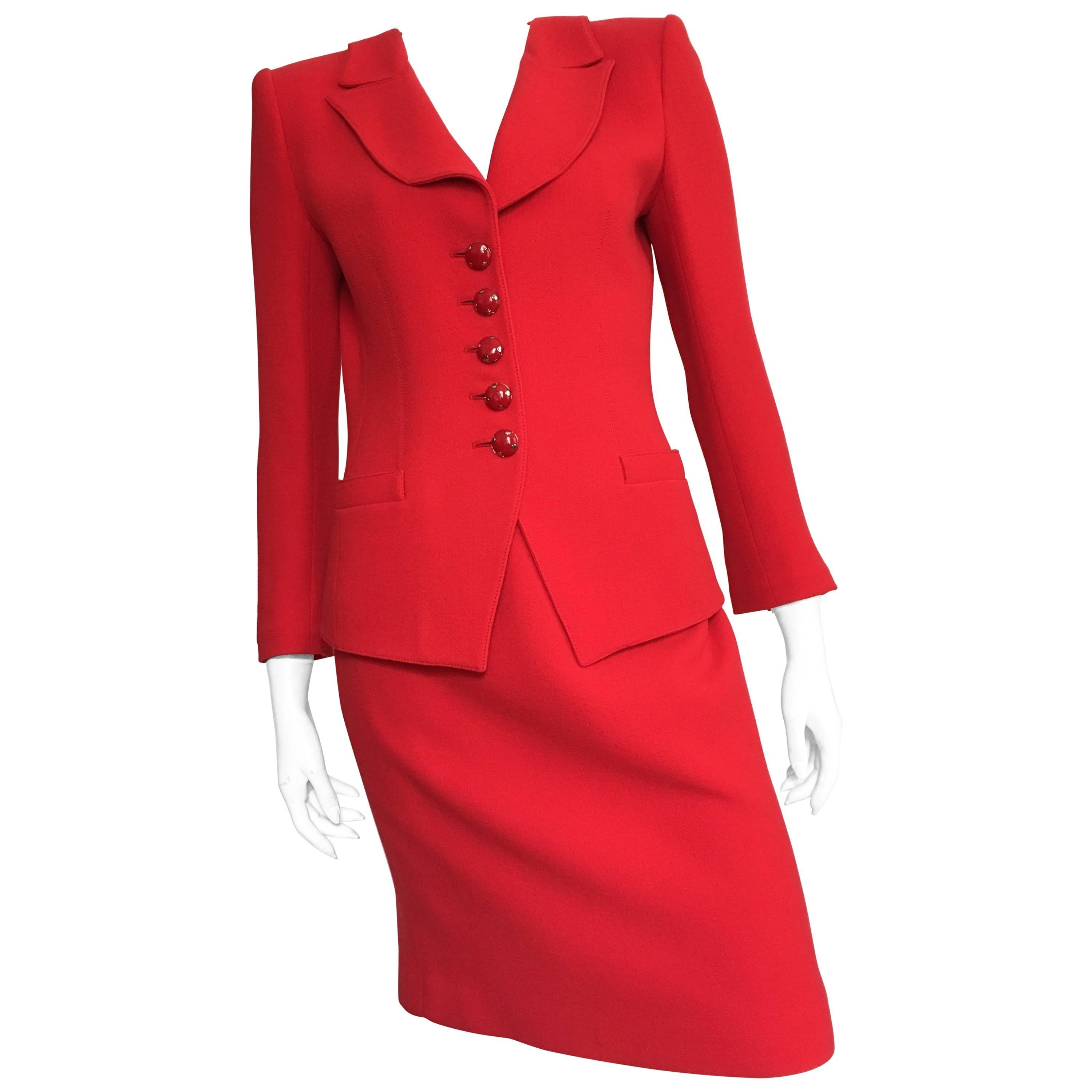Emanuel Ungaro Red Power Wool Crepe Suit Size 6, 1990s For Sale