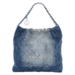 Chanel Blue Denim Drawstring Chanel 22 Bag Medium