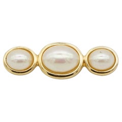 Christian Dior Vintage Años 80 Trío Oval Blanco Perla Barra Larga Elegante Broche de Oro