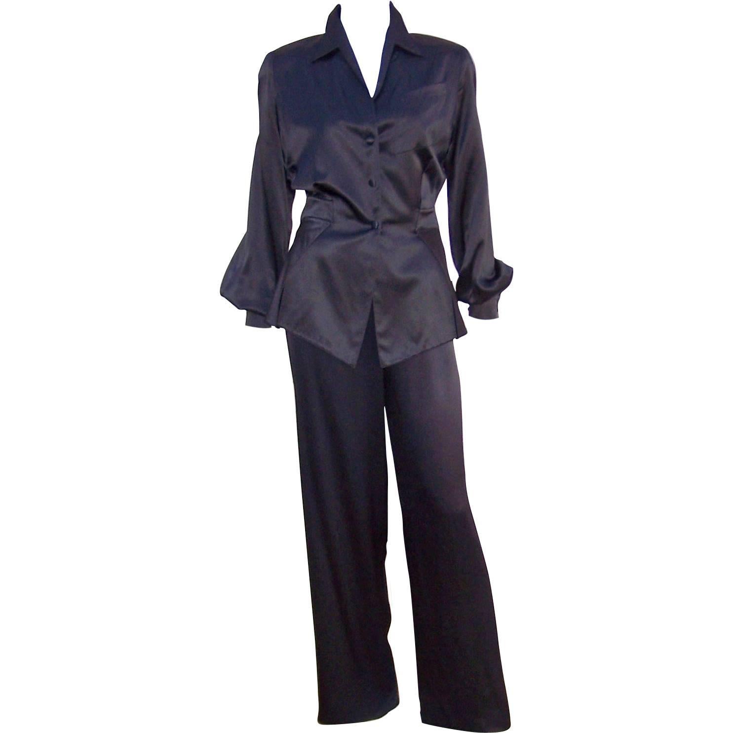 Thierry Mugler Couture Black Silk Charmeuse Evening Pajamas
