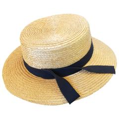 Rare 1980s Yves Saint Laurent Rive Gauche Straw Boater Hat 2