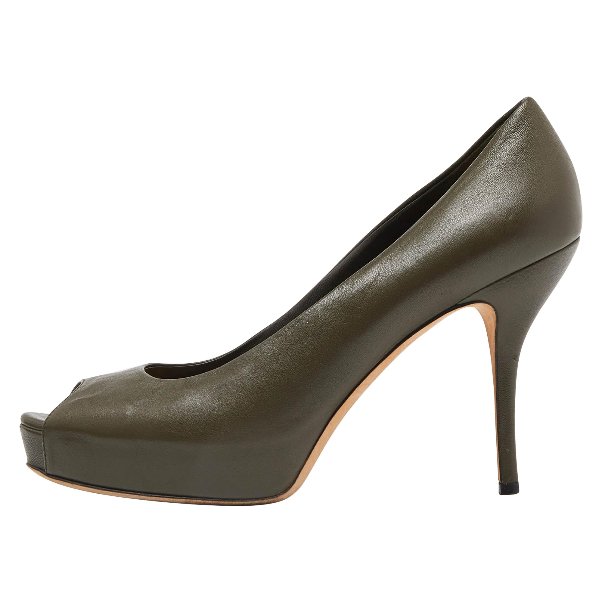 Gucci Olive Green Leather Peep Toe Platform Pumps Size 40.5 For Sale