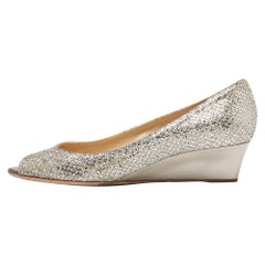 Jimmy Choo Silver Glitter Baxen Wedge Pumps Size 38