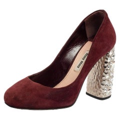 Miu Miu Burgundy Suede Crystal Embellished Block Heel Pumps Size 35