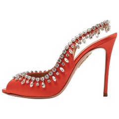 Aquazzura Orange Satin Crystal Embellished Slingback Pumps Size 39