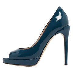 Fendi Teal Blue Patent Leather Peep Toe Pumps Size 37