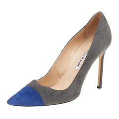 Manolo Blahnik Grey/Blue Suede Pointed Toe Pumps Size 40