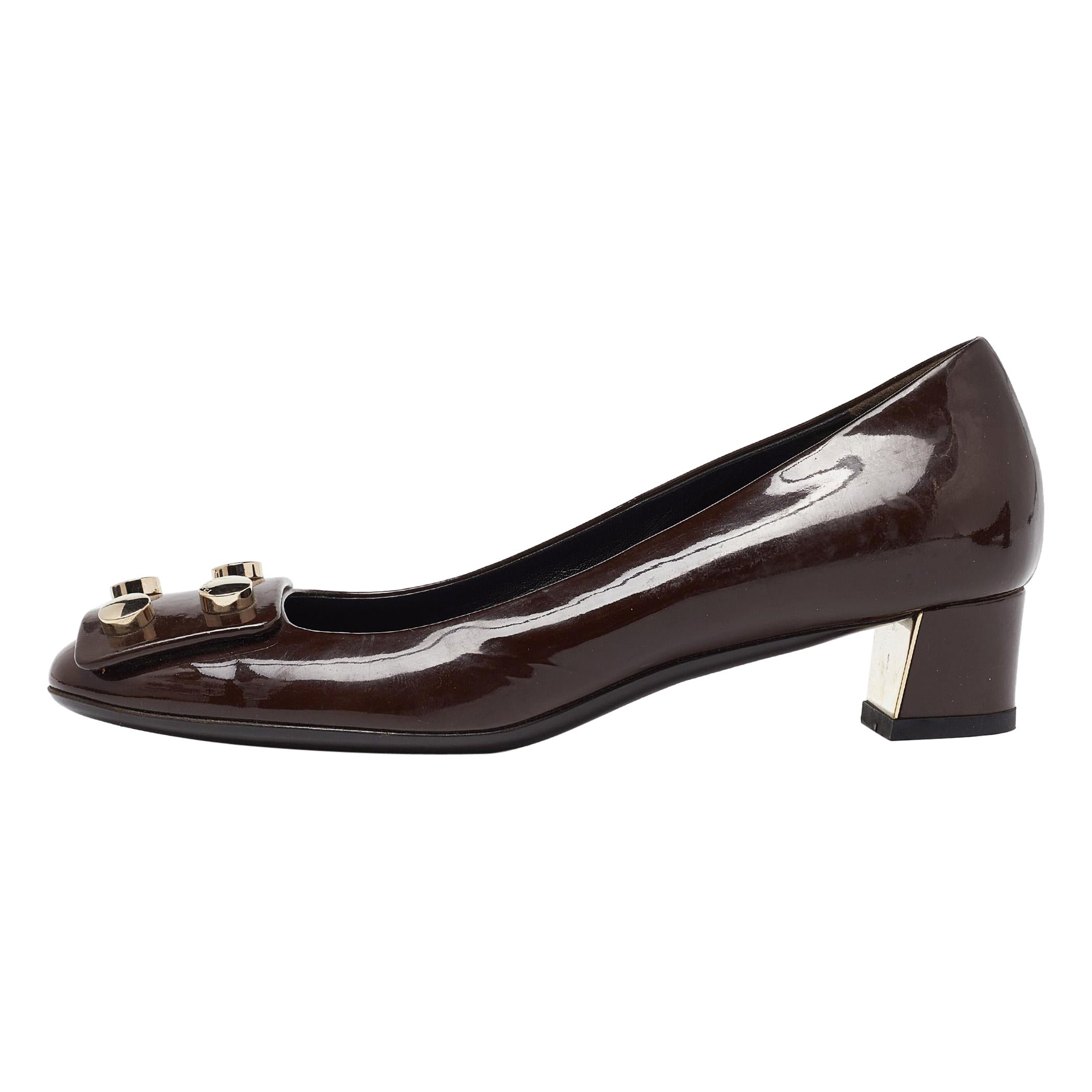 Gucci Brown Patent Leather Block Heel Pumps Size 35.5 For Sale