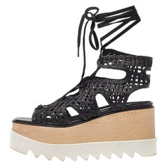 Stella McCartney Black Raffia Elyse Platform Wedge Sandals Size 36.5