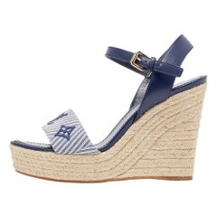 Louis Vuitton Navy Blue Monogram Canvas & Leather Sail Away Wedge Sandals Size38