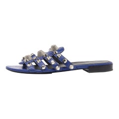 Balenciaga Navy Blue Leather Arena Studded Flat Sandals Size 38