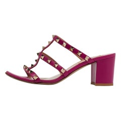 Valentino Fuchsia Leather and Patent Rockstud Slide Sandals Size 38