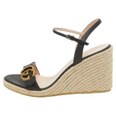 Gucci Black Leather Double G Wedge Espadrille Sandals Size 39.5