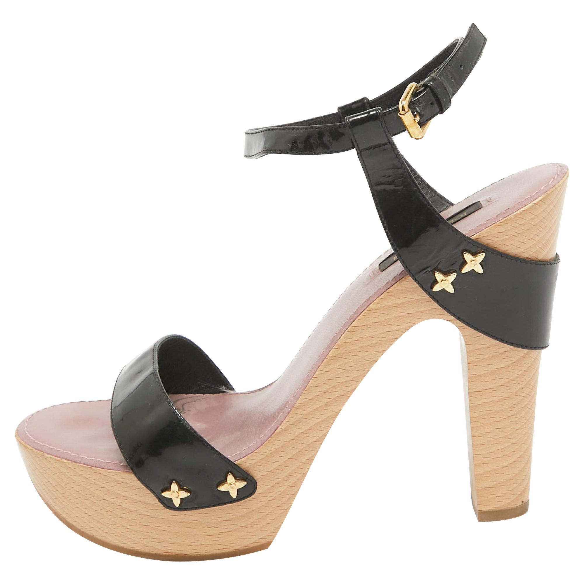 Louis Vuitton Black Patent Leather  Ankle Strap Sandals Size 38