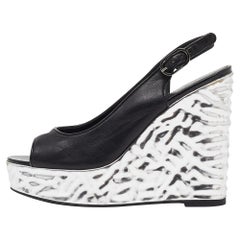 Chanel Black/Silver Leather Ankle Strap Platform Wedge Sandals Size 36