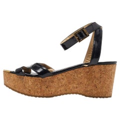 Jimmy Choo Black Patent Leather Cork Wedge Platform Ankle Strap Sandals Size 39