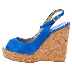 Jimmy Choo Blue Suede Cork Wedge Ankle Strap Sandals Size 40
