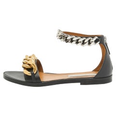 Stella McCartney Black Faux Leather Chain Link Ankle Strap Flat Sandals Size 38