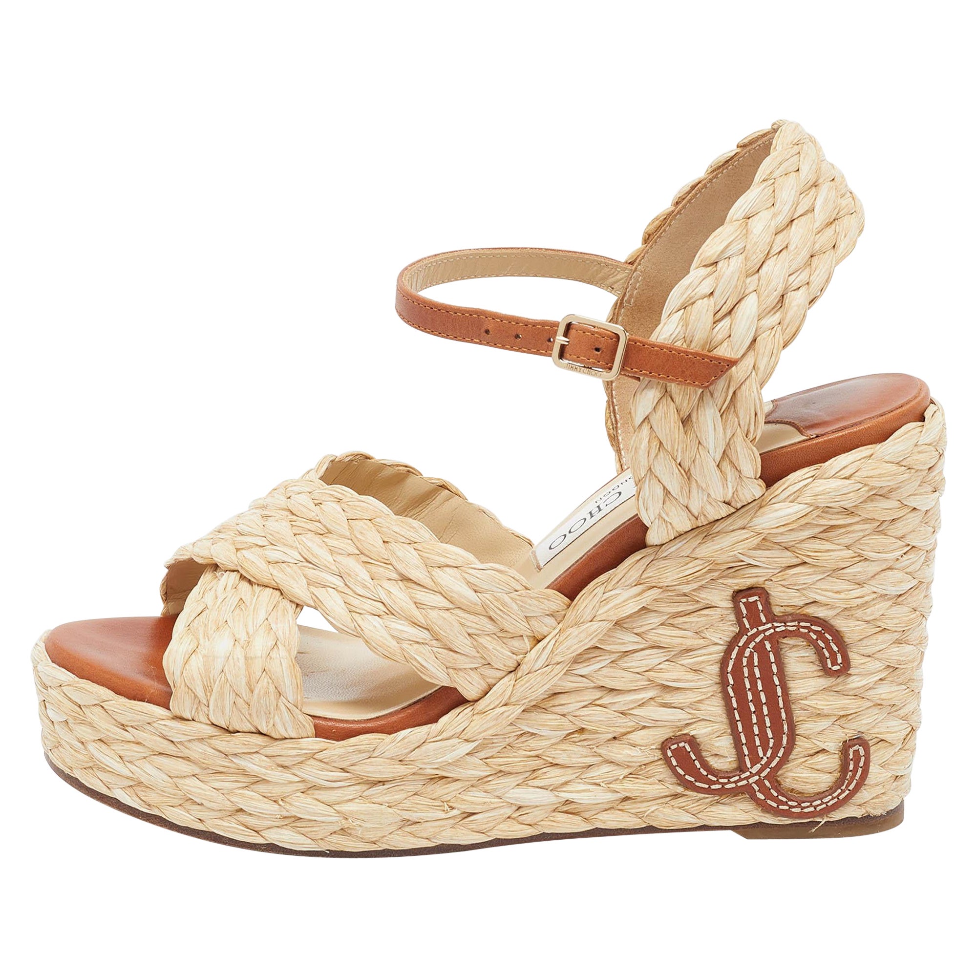 Jimmy Choo Beige/Brown Raffia and Leather Dellena Wedge Sandals Size 36 ...