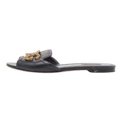 Dolce & Gabbana Black Leather  DG Amore Flat Slides Size 39
