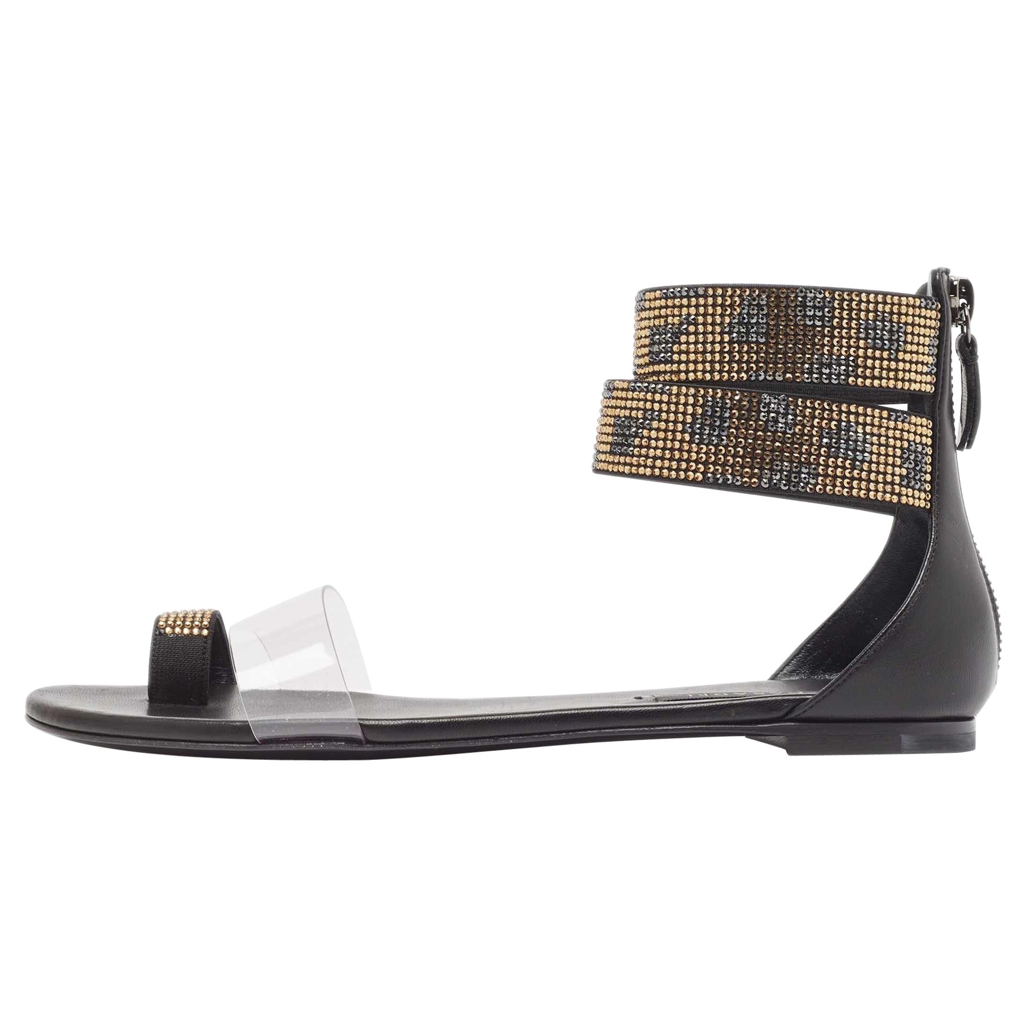 Casadei Black/Gold Leather and PVC Vinil Ankle Strap Sandals Size 37 For Sale