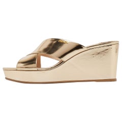 Prada Gold Foil Leather Crisscross Wedge Platform Slides Size 40
