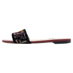 Fendi Multicolor Velvet FF Logo Flat Slides Size 39