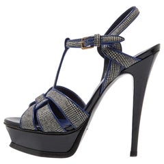 Yves Saint Laurent Grey/Blue Fabric & Leather Tribute Strap Sandals Size 37.5