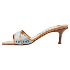 Jimmy Choo Navy Blue/Beige Leather Studded Open Toe Slide Sandals Size 37.5