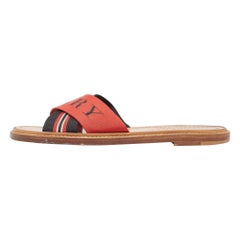 Burberry Red/Black Canvas Foley Logo Stripe Crisscross Slide Flats Size 37.5