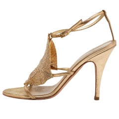 Giuseppe Zanotti Gold Leather Crystal Embellished Sandals Size 38.5