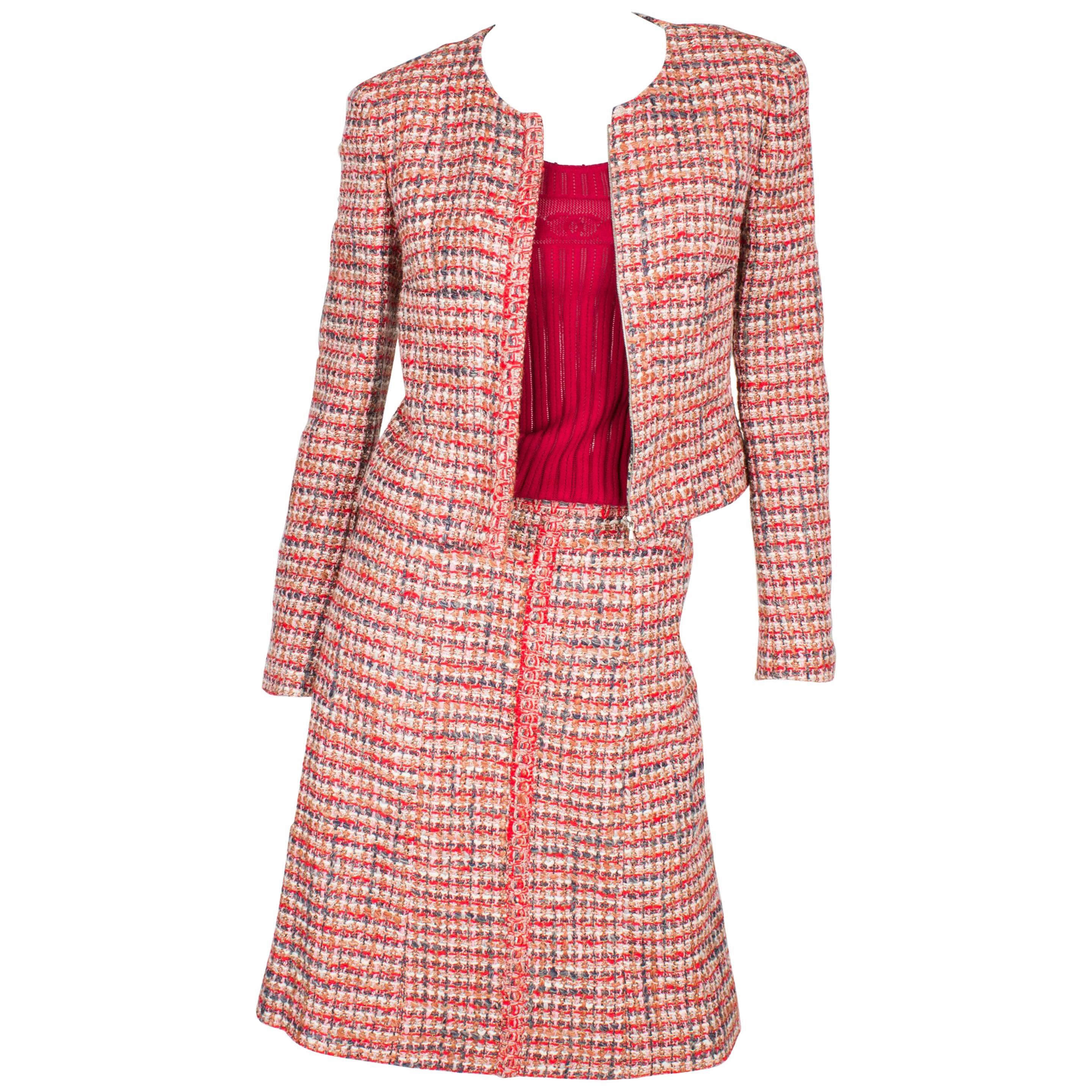 Chanel 3-pcs Suit Jacket, Skirt & Top - red/gray/pink/white 2003