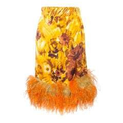 Prada Orange Floral Print Feather Trim Crepe Midi Skirt S
