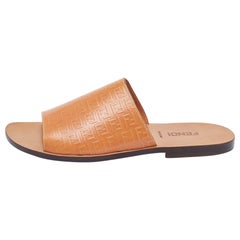 Fendi Tan Zucca Embossed Leather Slides Size 45