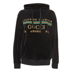 Gucci Black Logo Embroidered Velvet Hoodie XS