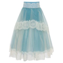 Elisabetta Franchi Blue Tulle & Lace Trim High Waist Sheer Midi Skirt M