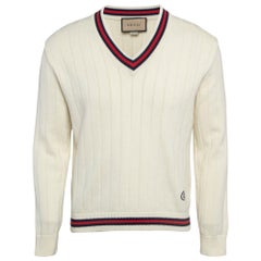 Gucci Cream Cotton Knit Web Detail V-Neck Jumper S