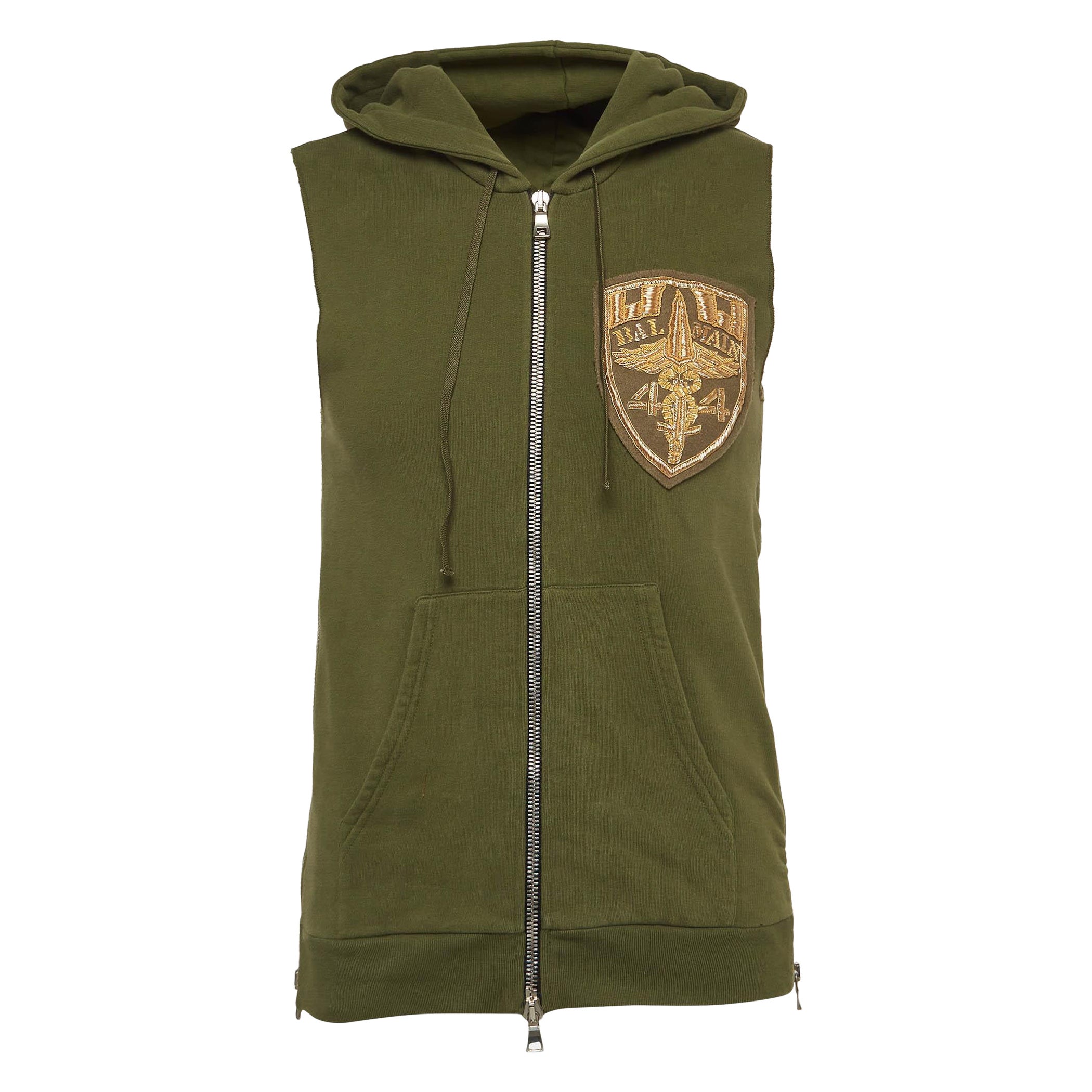 Balmain Green Metallic Applique Cotton Knit Sleeveless Hoodie XS For Sale