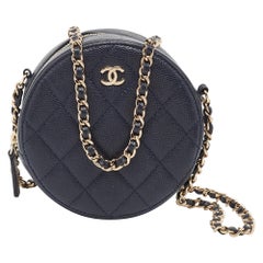Chanel Navy Blue Quilted Caviar Leather CC Round Chain Clutch