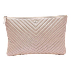 Chanel Pearl Beige Chevron Caviar Leather Large O-Case Zip Pouch