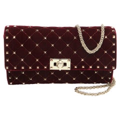 Valentino Burgundy Quilted Velvet Rockstud Spike Chain Clutch
