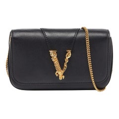 Versace Black Leather Flap Chain Clutch