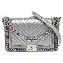 Chanel Silver Quilted Leather New Medium Boy Flap Bag