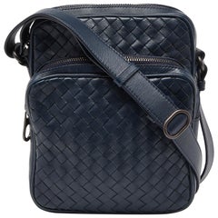 Bottega Veneta Blue Intrecciato Leather Messenger Bag