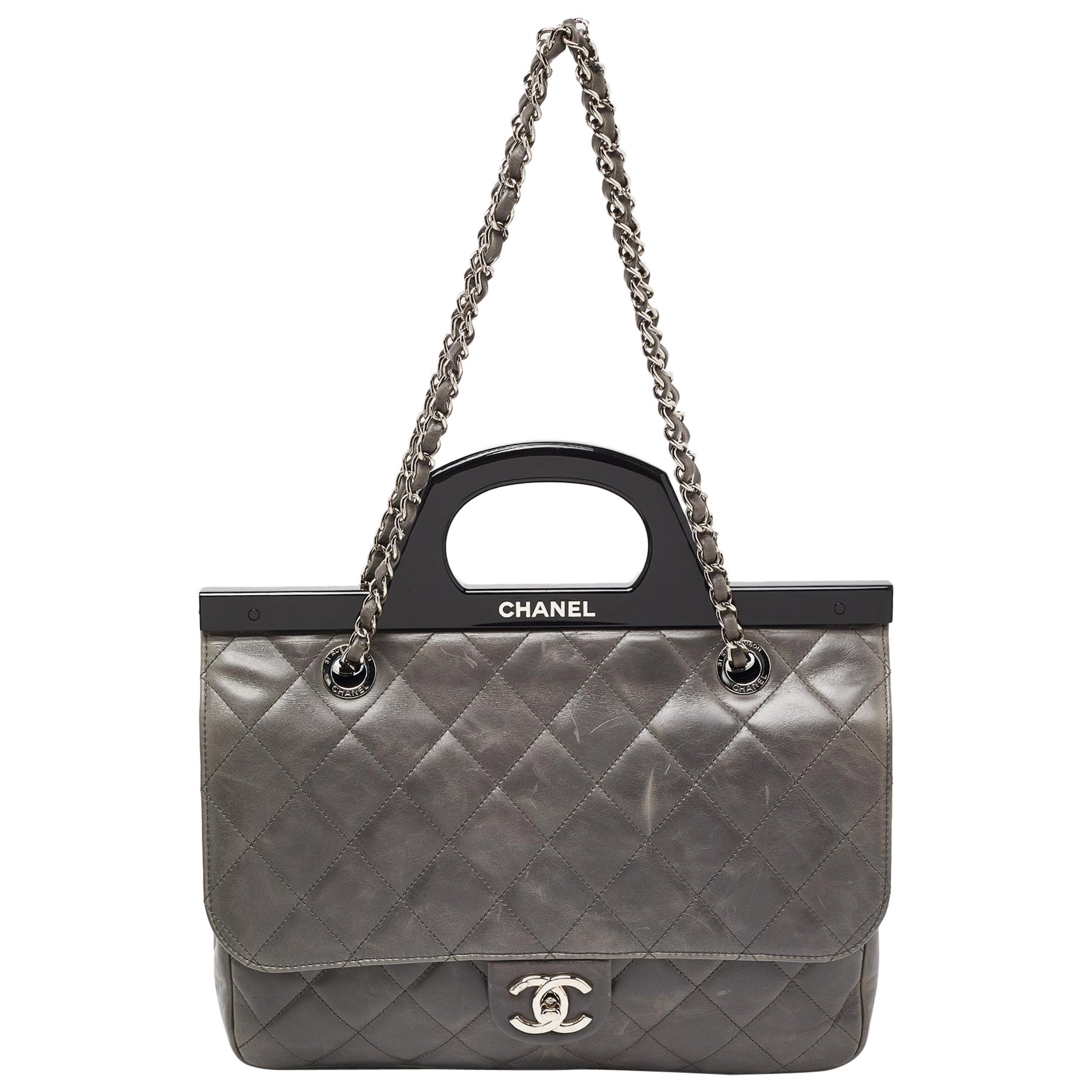 Chanel Grey Quilted Glazed Leather Small CC Delivery Bag For Sale