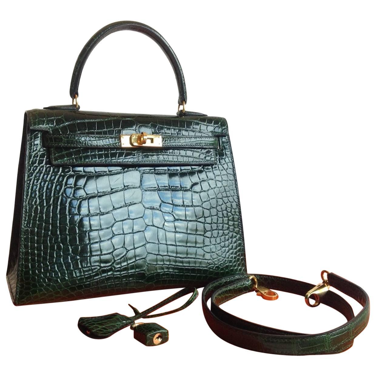 Hermes 25 cm Shiny Vert Fonce Alligator Sellier Kelly Bag