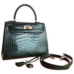 Vintage Hermes 25 cm Shiny Vert Fonce Alligator Sellier Kelly Bag