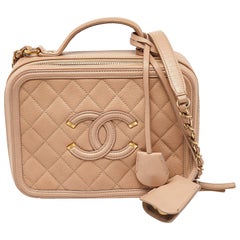 Chanel Beige Quilted Caviar Leather Medium CC Filigree Vanity Case Bag