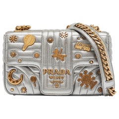 Prada Silver Diagramme Leather Small Embellished Shoulder Bag