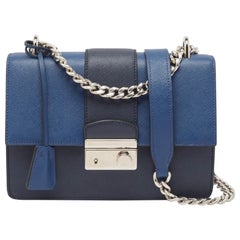 Prada Two Tone Blue Saffiano 1 Leather Sound Flap Chain Shoulder Bag